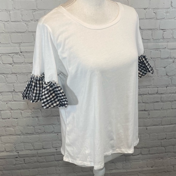 PAPER + TEE T-Shirt Ruffled Sleeve White w Black/White Checks-Large - Picture 2 of 3